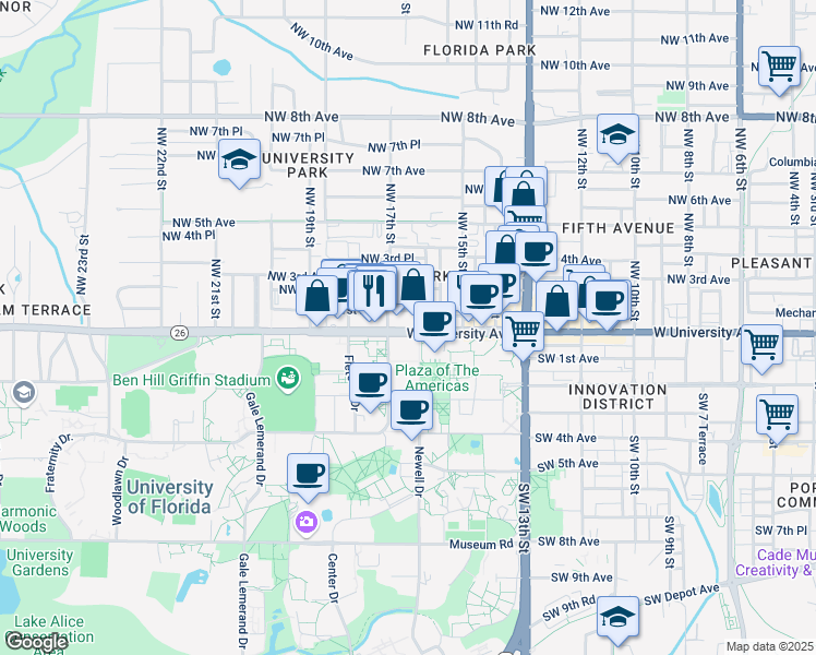 map of restaurants, bars, coffee shops, grocery stores, and more near 1629 West University Avenue in Gainesville