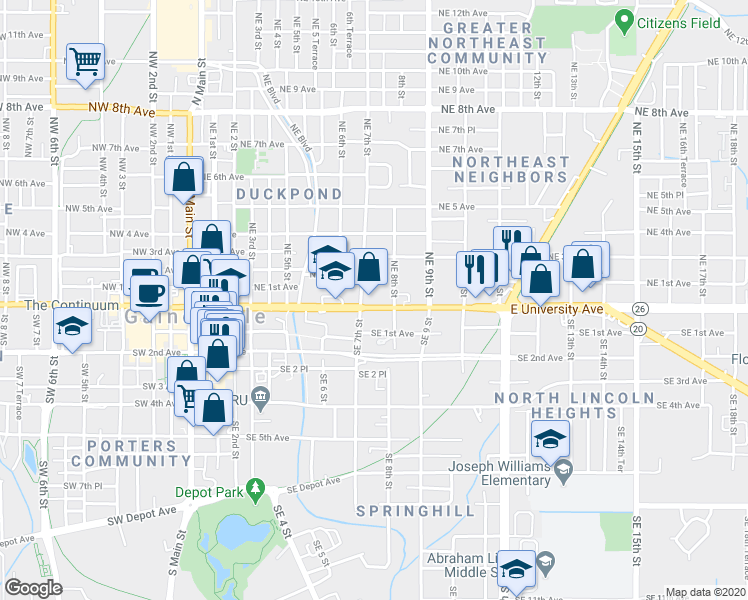 map of restaurants, bars, coffee shops, grocery stores, and more near 716 East University Avenue in Gainesville