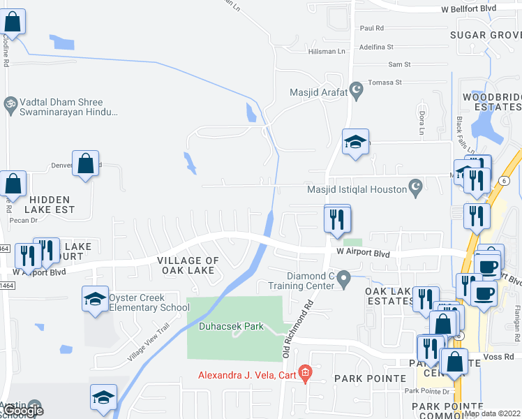 map of restaurants, bars, coffee shops, grocery stores, and more near 15806 Spruce River Court in Sugar Land