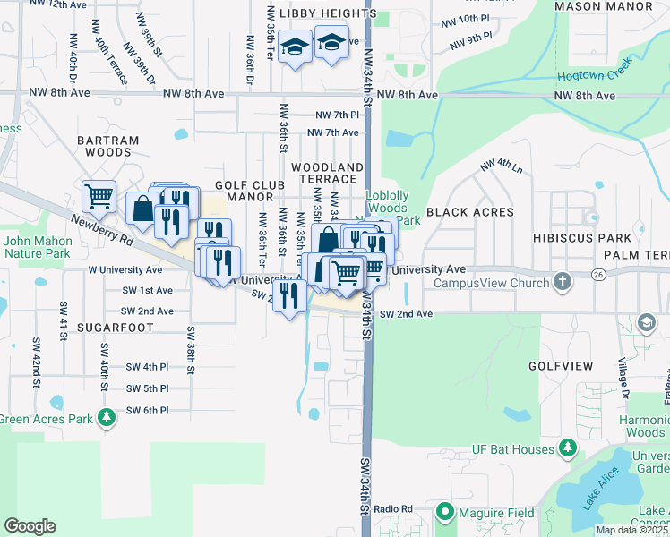 map of restaurants, bars, coffee shops, grocery stores, and more near 3470 West University Avenue in Gainesville