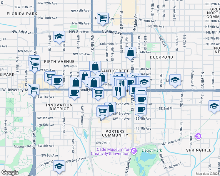 map of restaurants, bars, coffee shops, grocery stores, and more near 413 Florida 24 in Gainesville