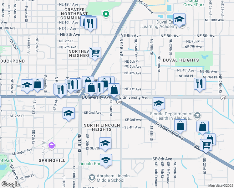 map of restaurants, bars, coffee shops, grocery stores, and more near 1422 East University Avenue in Gainesville