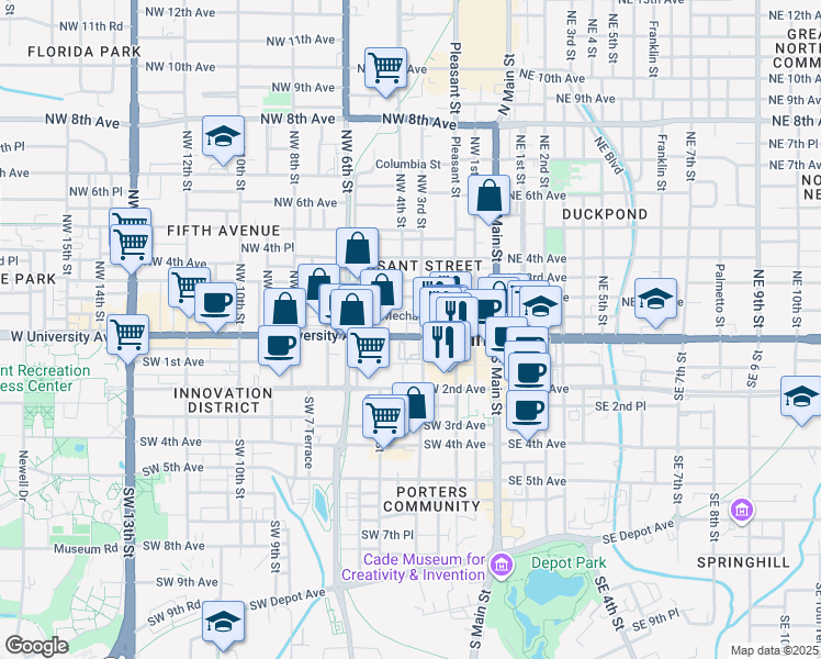 map of restaurants, bars, coffee shops, grocery stores, and more near 413 Florida 24 in Gainesville