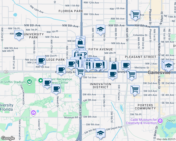 map of restaurants, bars, coffee shops, grocery stores, and more near 1223 West University Avenue in Gainesville