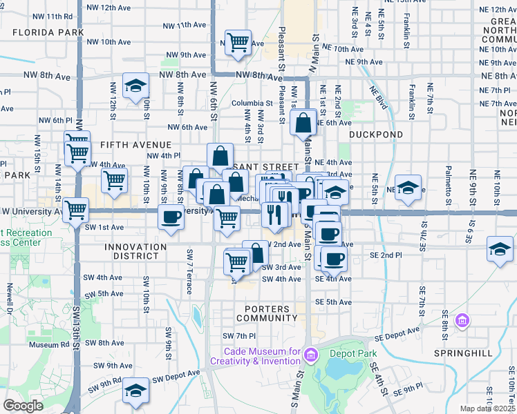 map of restaurants, bars, coffee shops, grocery stores, and more near 308 West University Avenue in Gainesville