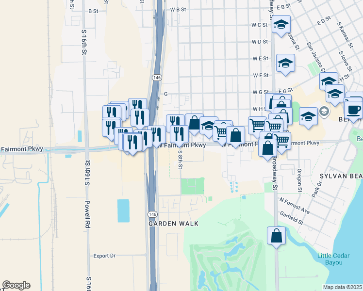 map of restaurants, bars, coffee shops, grocery stores, and more near in La Porte