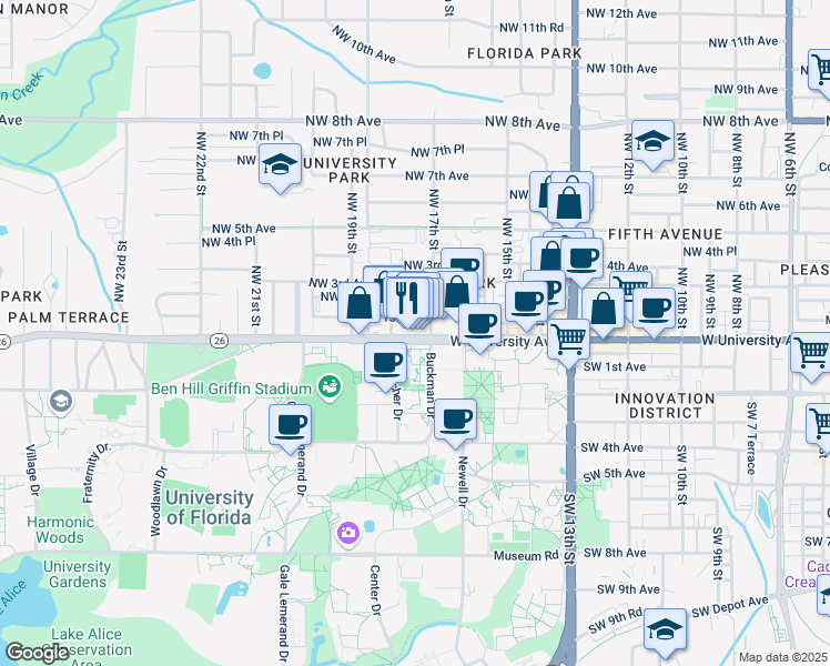 map of restaurants, bars, coffee shops, grocery stores, and more near 1728A West University Avenue in Gainesville
