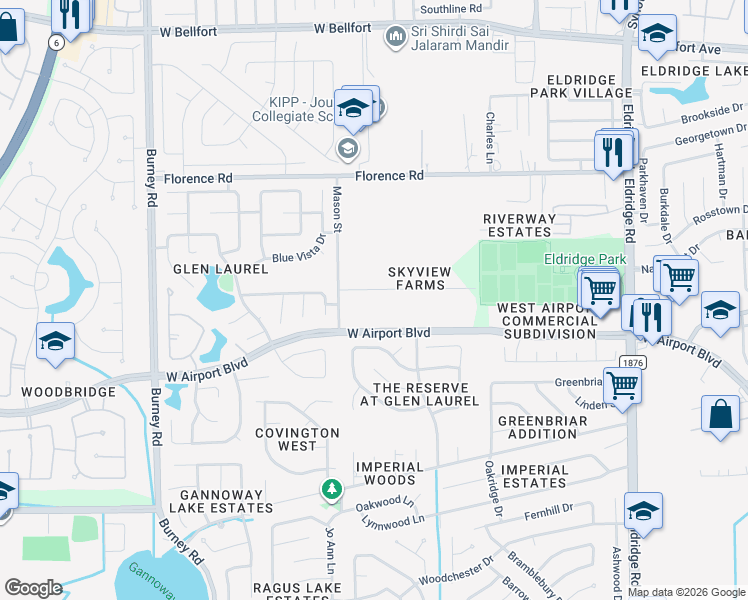 map of restaurants, bars, coffee shops, grocery stores, and more near 13905 Skyview Drive in Sugar Land