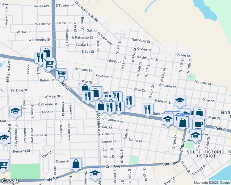 map of restaurants, bars, coffee shops, grocery stores, and more near 1819 Madison Street in Palatka