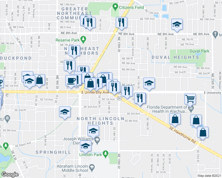 map of restaurants, bars, coffee shops, grocery stores, and more near 1422 East University Avenue in Gainesville