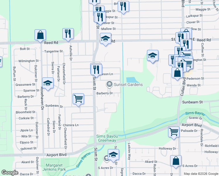 map of restaurants, bars, coffee shops, grocery stores, and more near 4127 Barberry Drive in Houston