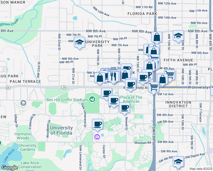 map of restaurants, bars, coffee shops, grocery stores, and more near 1801-1859 West University Avenue in Gainesville