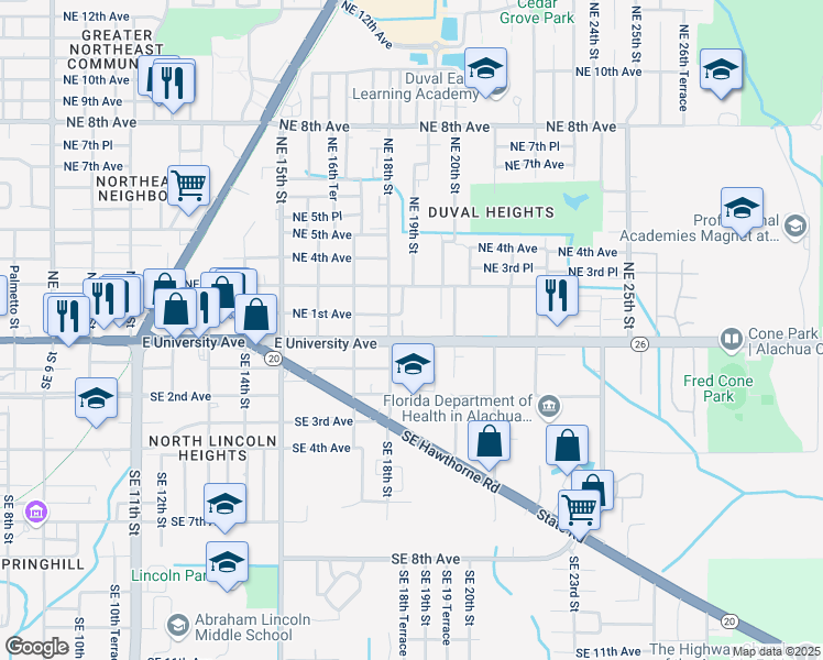 map of restaurants, bars, coffee shops, grocery stores, and more near 1830 East University Avenue in Gainesville