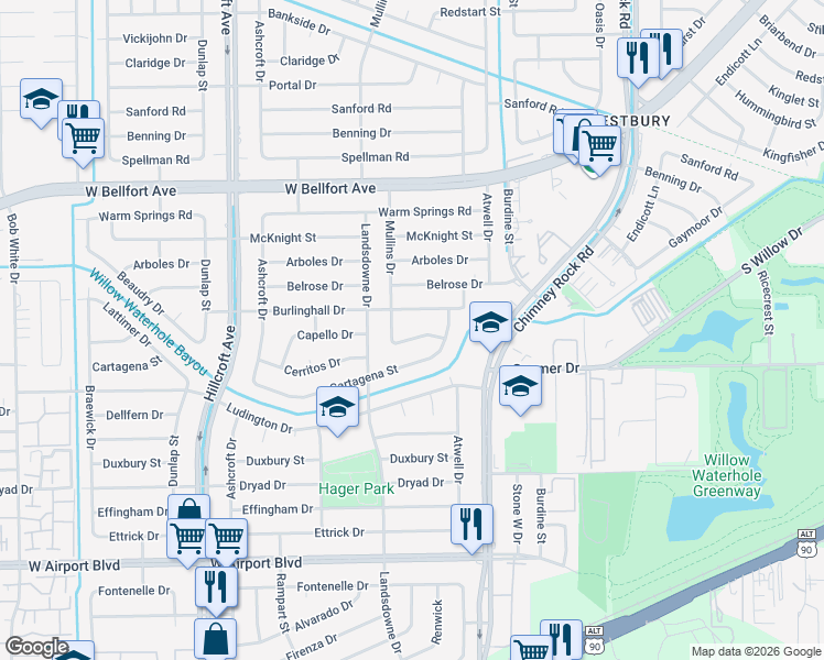 map of restaurants, bars, coffee shops, grocery stores, and more near 5634 Cerritos Drive in Houston