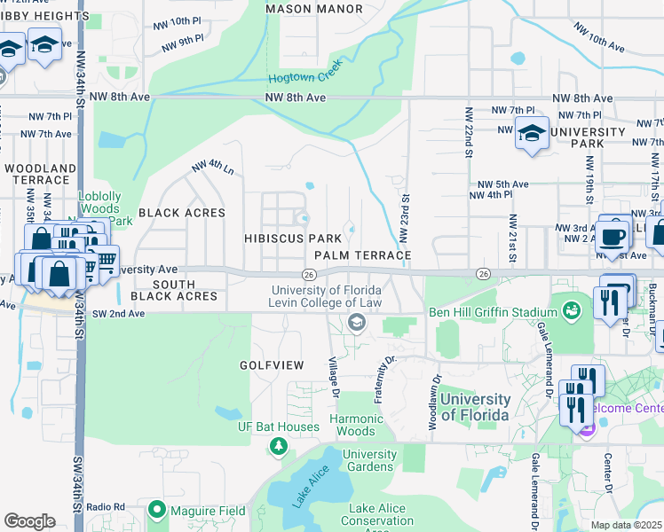 map of restaurants, bars, coffee shops, grocery stores, and more near 5 Northwest 25 Street in Gainesville