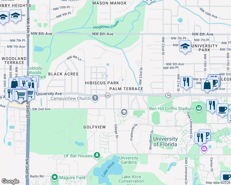 map of restaurants, bars, coffee shops, grocery stores, and more near 5 Northwest 25 Street in Gainesville