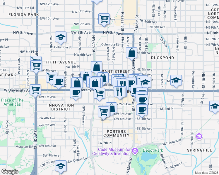 map of restaurants, bars, coffee shops, grocery stores, and more near 413 Florida 24 in Gainesville