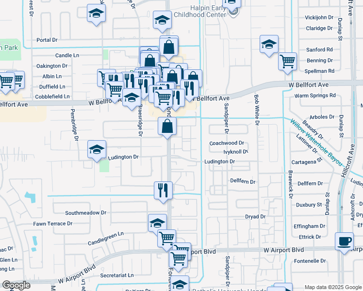 map of restaurants, bars, coffee shops, grocery stores, and more near 11315 Fondren Road in Houston