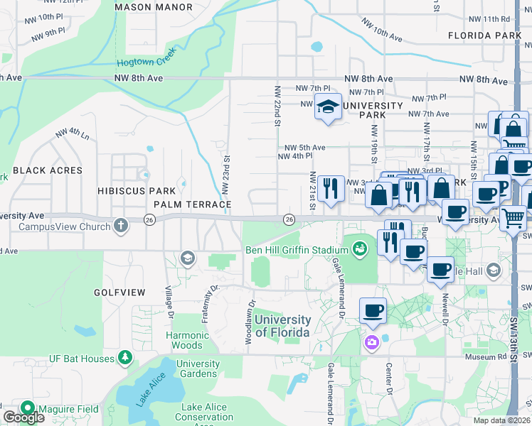 map of restaurants, bars, coffee shops, grocery stores, and more near 2222 West University Avenue in Gainesville
