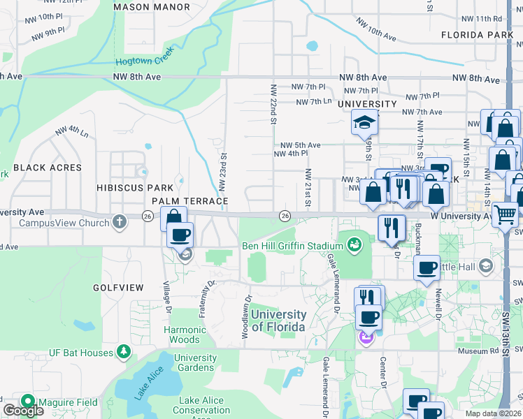map of restaurants, bars, coffee shops, grocery stores, and more near 2222 West University Avenue in Gainesville