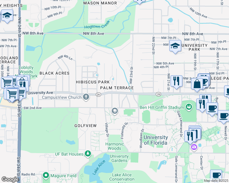 map of restaurants, bars, coffee shops, grocery stores, and more near 3 Southwest 24 Street in Gainesville