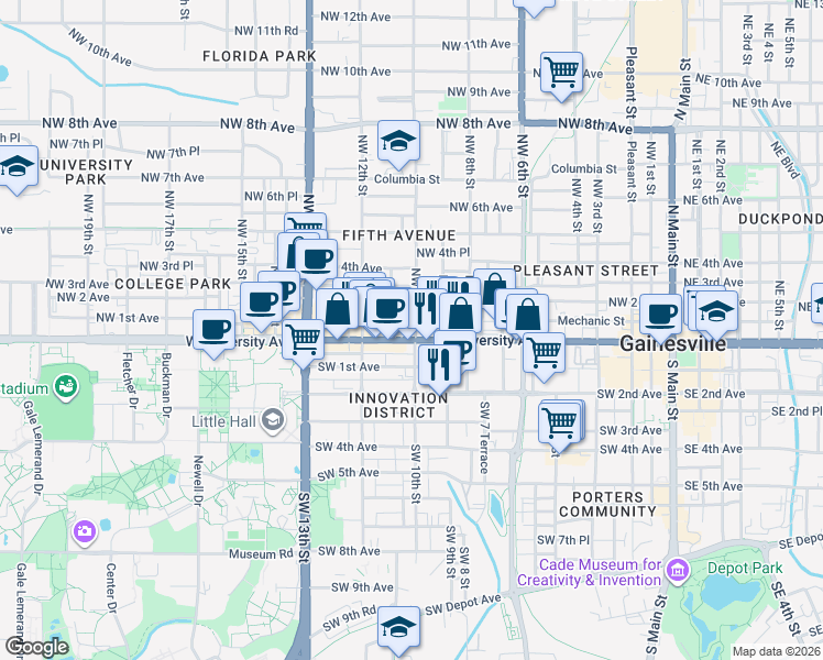 map of restaurants, bars, coffee shops, grocery stores, and more near in Gainesville