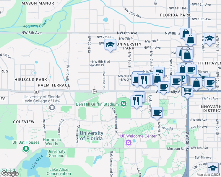 map of restaurants, bars, coffee shops, grocery stores, and more near in Gainesville