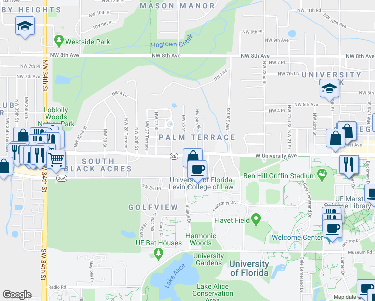 map of restaurants, bars, coffee shops, grocery stores, and more near 5 Northwest 25 Street in Gainesville