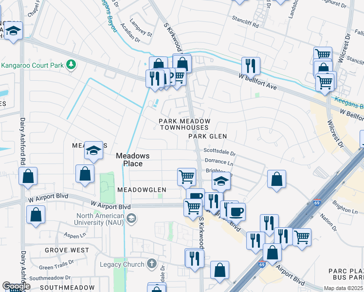 map of restaurants, bars, coffee shops, grocery stores, and more near 11807 Scottsdale Drive in Stafford