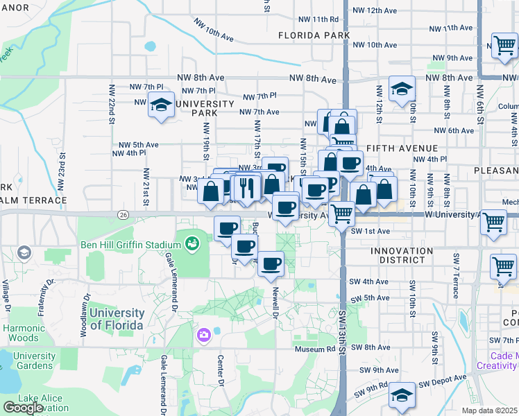 map of restaurants, bars, coffee shops, grocery stores, and more near 1642 West University Avenue in Gainesville