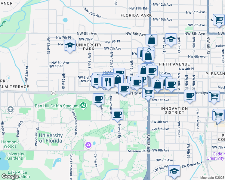 map of restaurants, bars, coffee shops, grocery stores, and more near 1642 West University Avenue in Gainesville