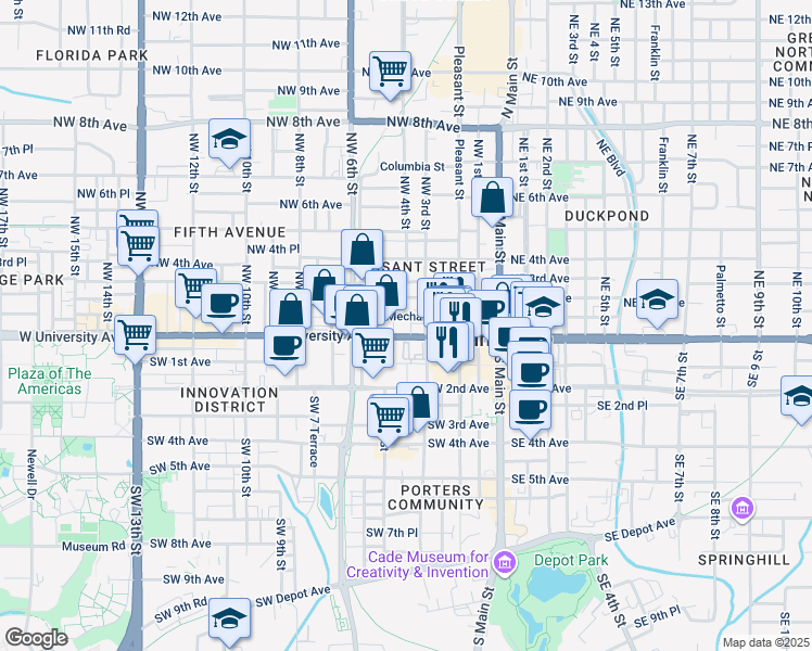 map of restaurants, bars, coffee shops, grocery stores, and more near 413 Florida 24 in Gainesville
