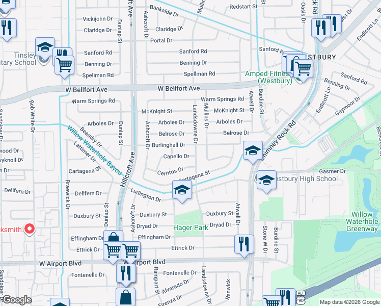 map of restaurants, bars, coffee shops, grocery stores, and more near 5703 Capello Drive in Houston
