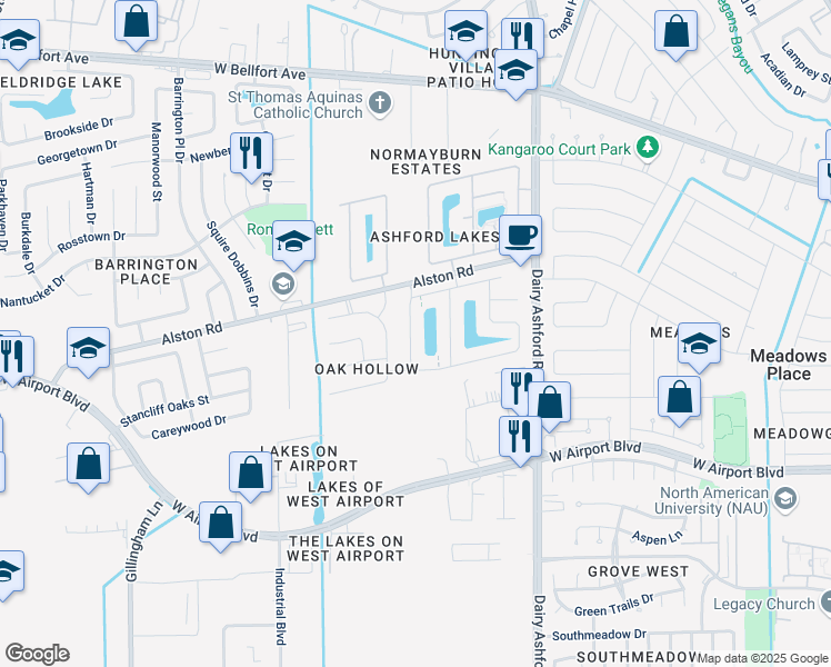 map of restaurants, bars, coffee shops, grocery stores, and more near 11447 Ashford Haven Drive in Sugar Land