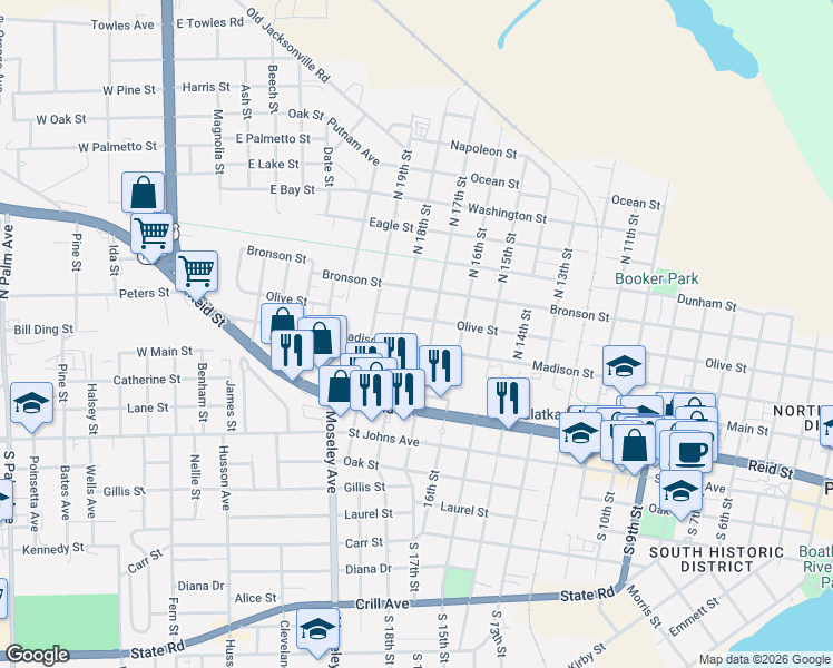 map of restaurants, bars, coffee shops, grocery stores, and more near 1708 Madison Street in Palatka