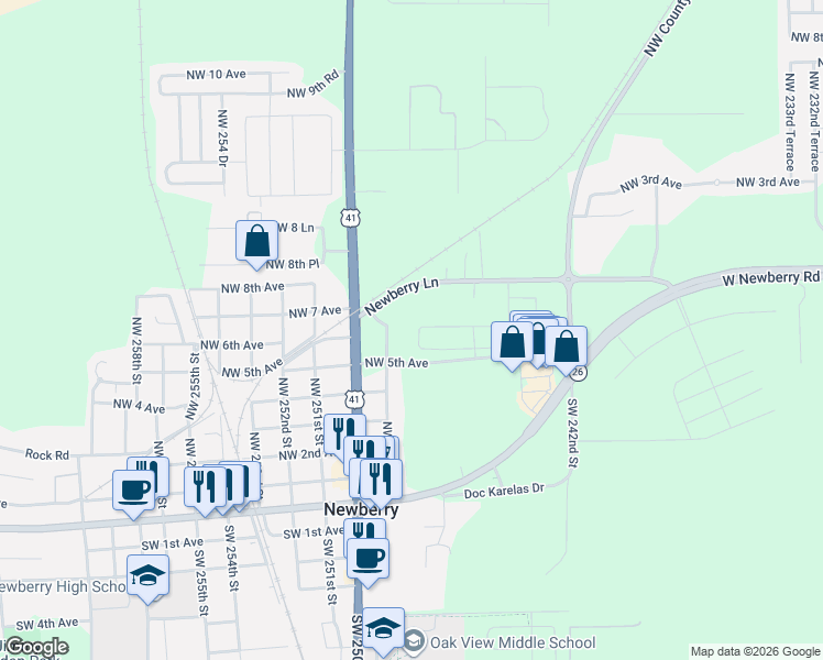map of restaurants, bars, coffee shops, grocery stores, and more near 633 Southwest 250 Street in Newberry