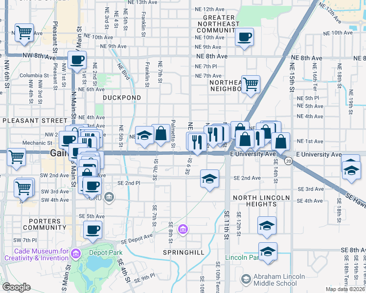 map of restaurants, bars, coffee shops, grocery stores, and more near 835 East University Avenue in Gainesville