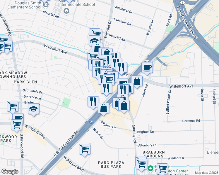 map of restaurants, bars, coffee shops, grocery stores, and more near 11751 South Wilcrest Drive in Houston