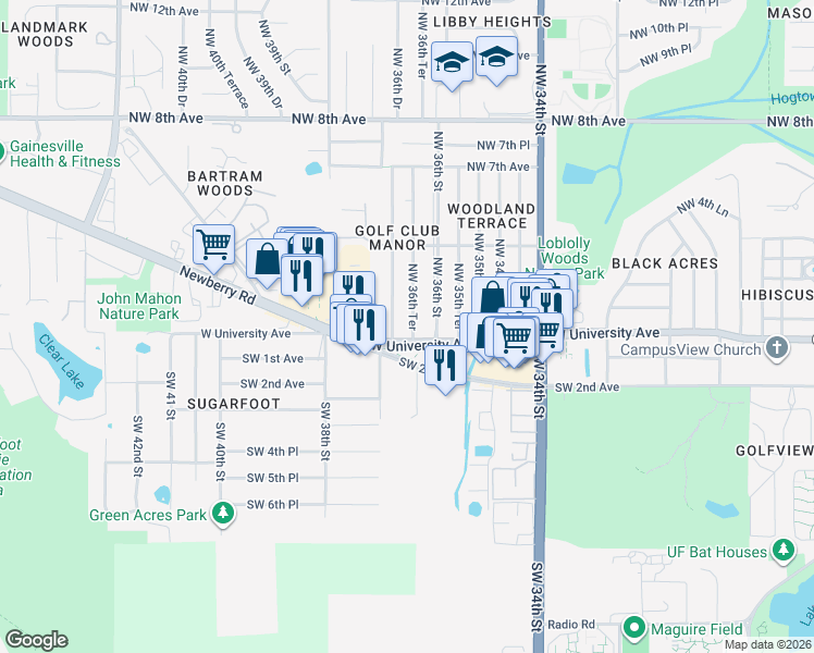 map of restaurants, bars, coffee shops, grocery stores, and more near 18 Northwest 36th Terrace in Gainesville