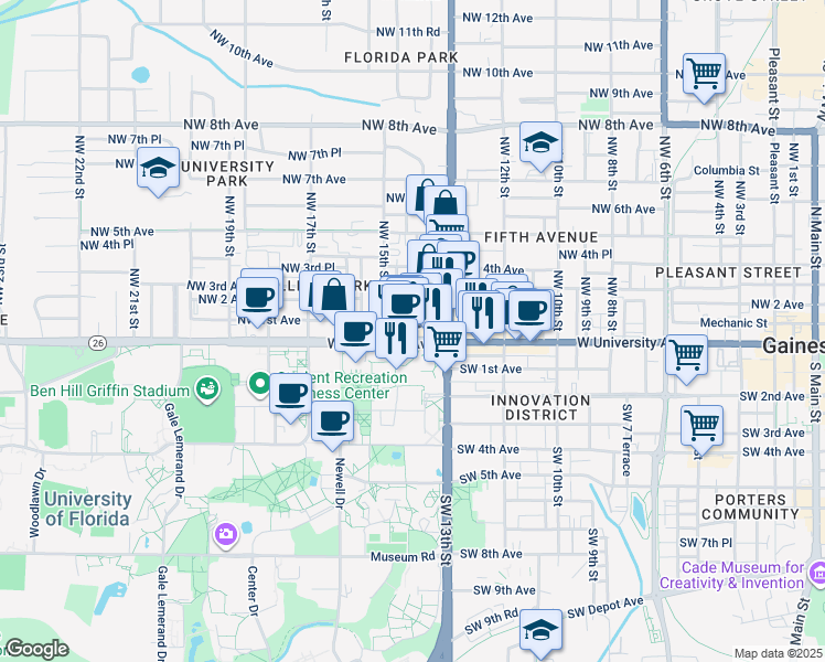 map of restaurants, bars, coffee shops, grocery stores, and more near 1400 West University Avenue in Gainesville