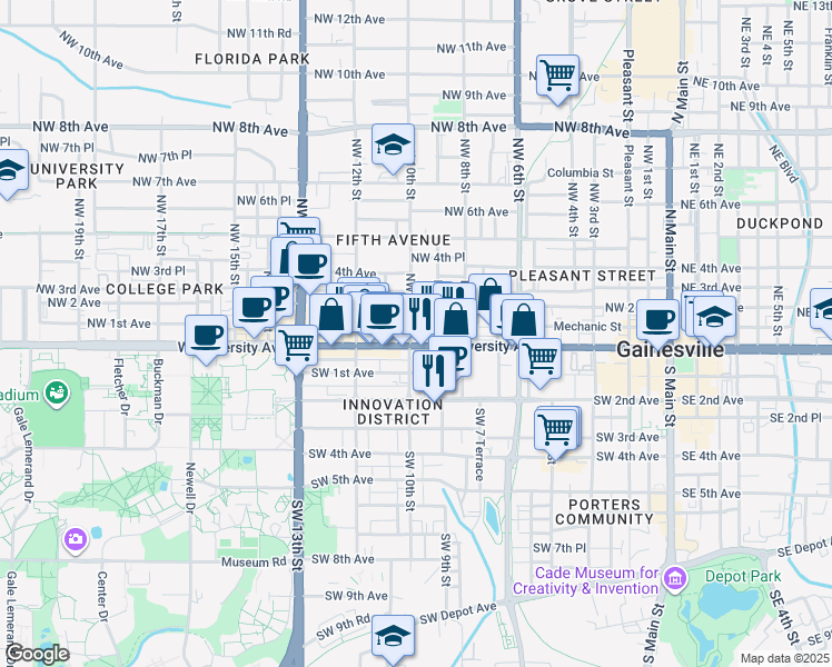map of restaurants, bars, coffee shops, grocery stores, and more near in Gainesville