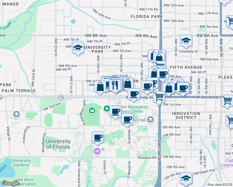 map of restaurants, bars, coffee shops, grocery stores, and more near 1712 West University Avenue in Gainesville