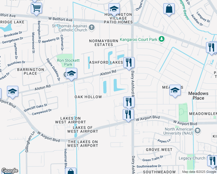 map of restaurants, bars, coffee shops, grocery stores, and more near 11443 Ashford Willow in Sugar Land