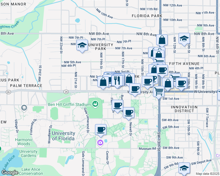 map of restaurants, bars, coffee shops, grocery stores, and more near 1801-1859 West University Avenue in Gainesville