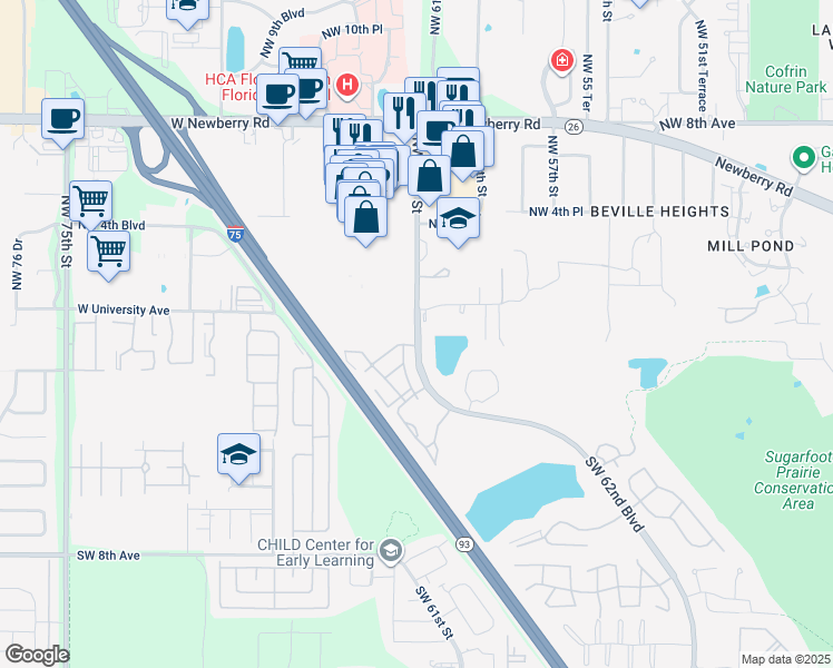 map of restaurants, bars, coffee shops, grocery stores, and more near in Gainesville