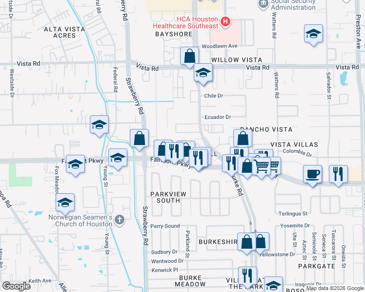 map of restaurants, bars, coffee shops, grocery stores, and more near 3919 Fairmont Parkway in Pasadena