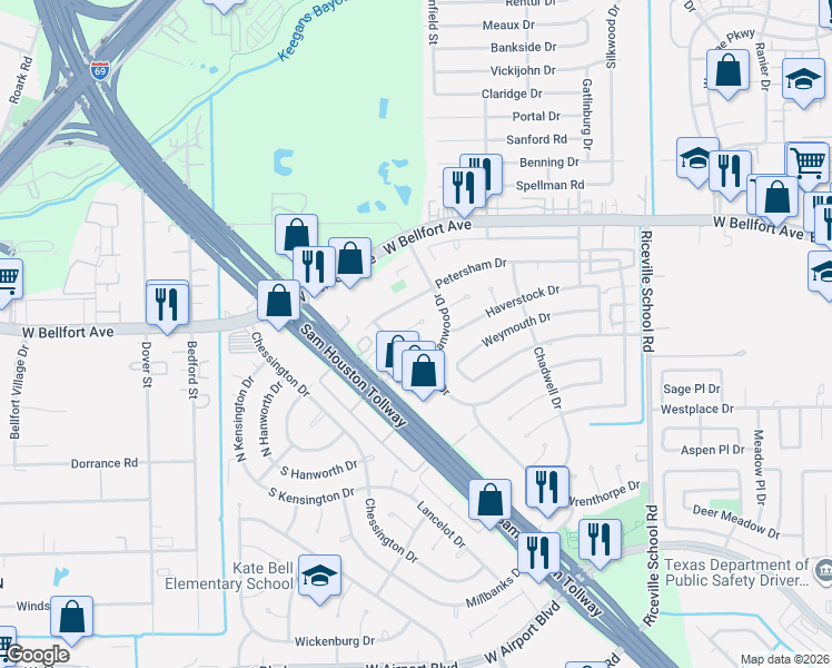 map of restaurants, bars, coffee shops, grocery stores, and more near 11915 Manorgate Drive in Houston