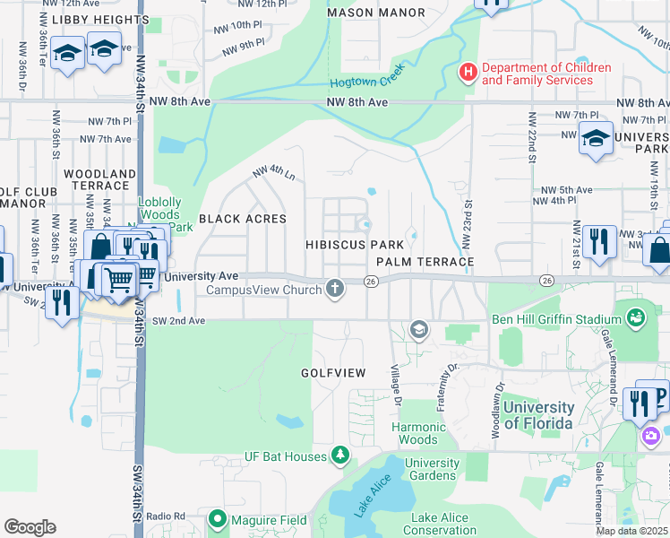 map of restaurants, bars, coffee shops, grocery stores, and more near 18 Northwest 27th Street in Gainesville