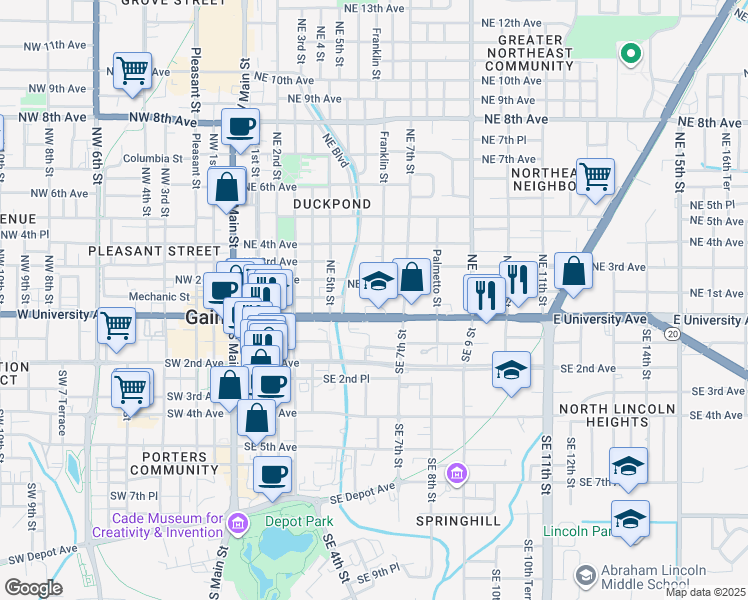 map of restaurants, bars, coffee shops, grocery stores, and more near 620 East University Avenue in Gainesville