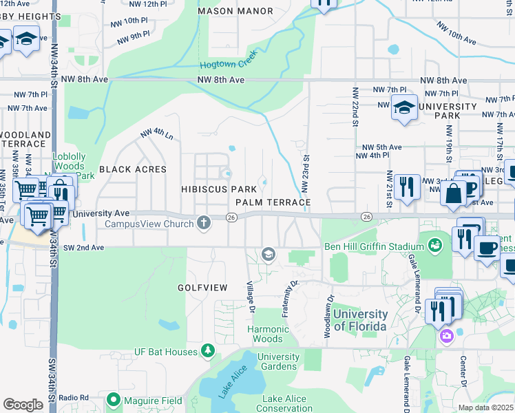 map of restaurants, bars, coffee shops, grocery stores, and more near 20 Northwest 24th Street in Gainesville